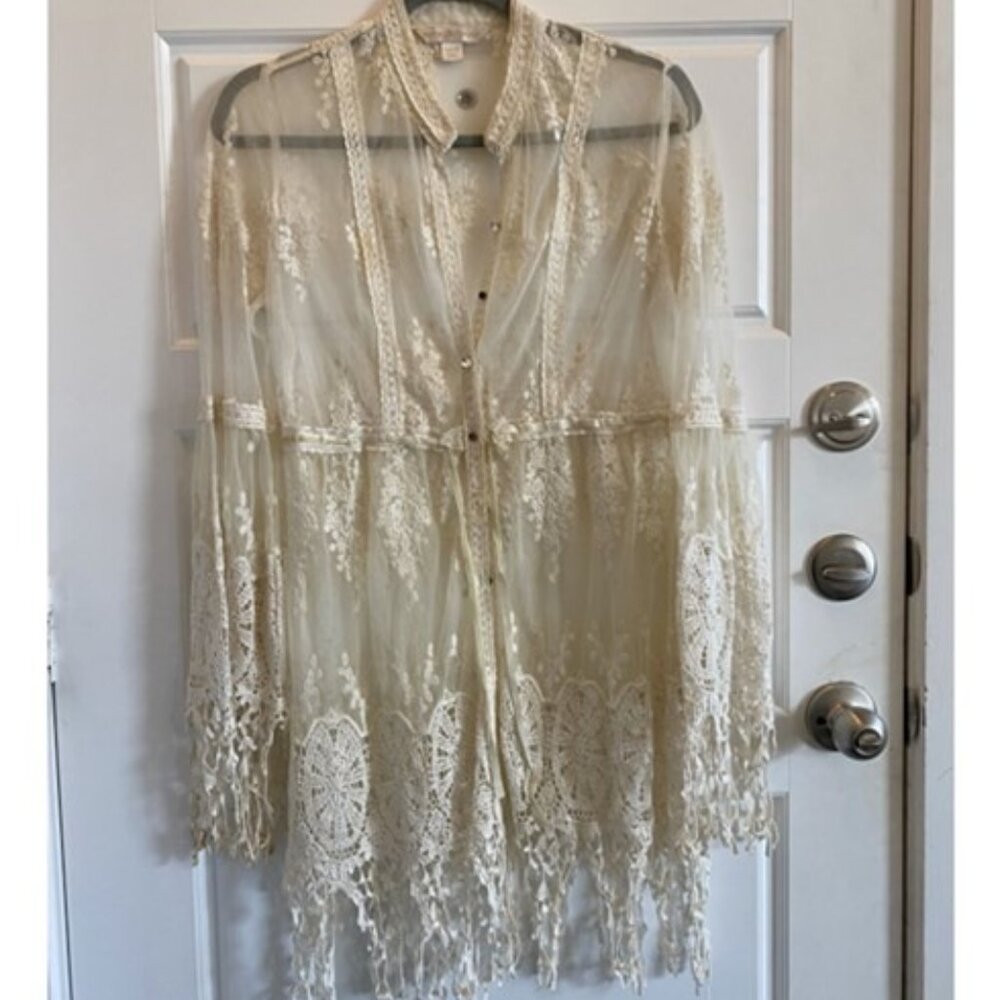 Boston Proper flared long sleeve lace cover up, button front sheer dress XS